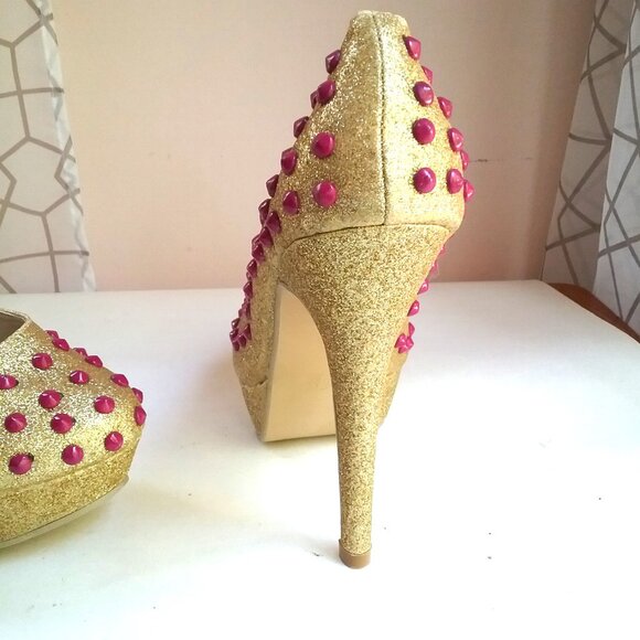 "Ami Clubwear" Size 6.5 Stripper Platform Pumps Heels Gold Sparkle, Pink Bubbles - Picture 4 of 15